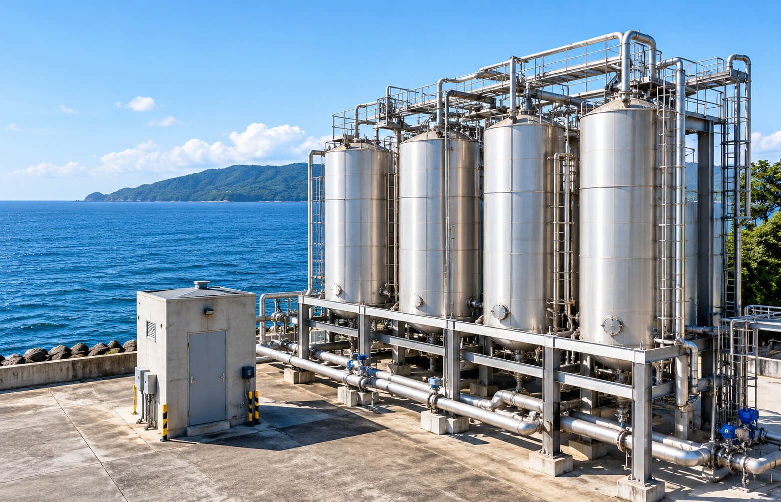Desalination and deepwell filtration tanks near sea coast