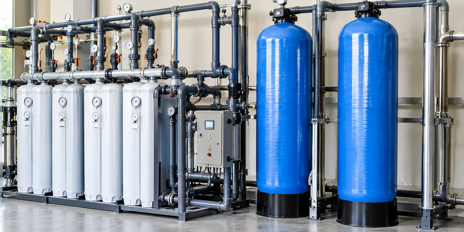 Industrial filtration tanks, valves, and blue pressure vessels