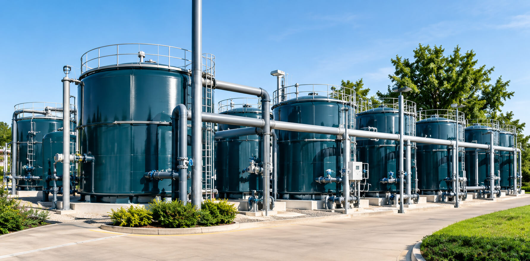 Large municipal wastewater treatment tanks and aeration infrastructure